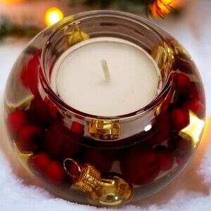 Vintage Christmas Glass Candle Holder Festive Holly Berry Design,